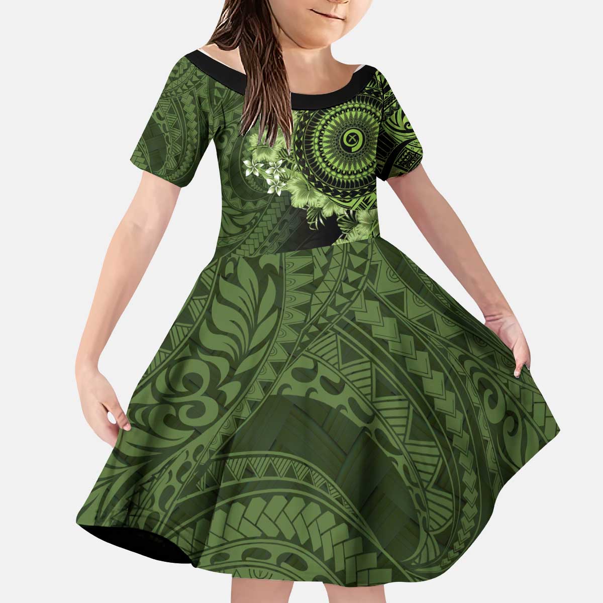 Vanuatu Kid Short Sleeve Dress Hibisus Polynesian Pattern Green - Polynesian Pride
