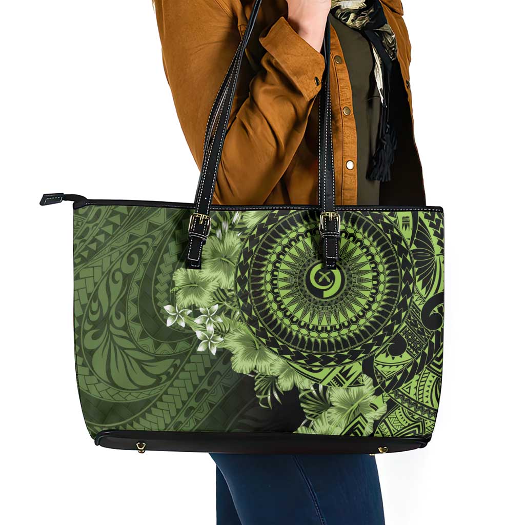 Vanuatu Leather Tote Bag Hibisus Polynesian Pattern Green - Polynesian Pride