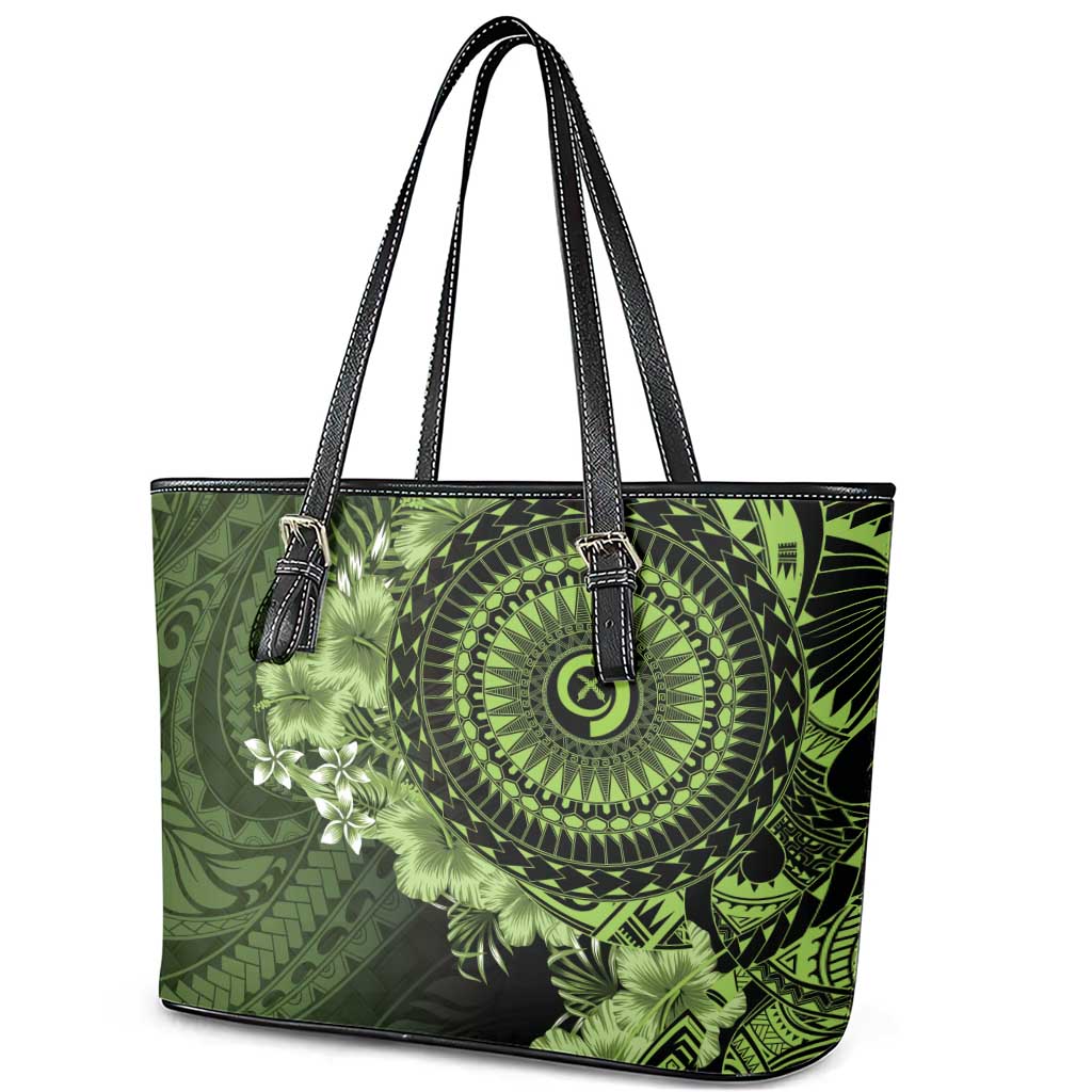 Vanuatu Leather Tote Bag Hibisus Polynesian Pattern Green - Polynesian Pride
