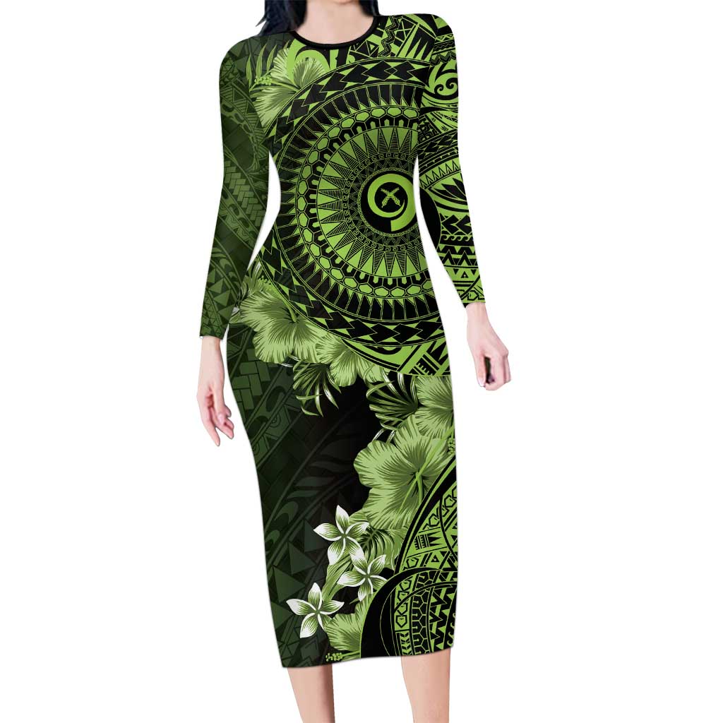 Vanuatu Long Sleeve Bodycon Dress Hibisus Polynesian Pattern Green - Polynesian Pride