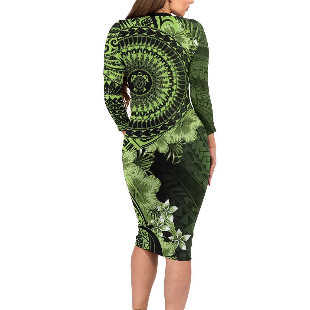 Vanuatu Long Sleeve Bodycon Dress Hibisus Polynesian Pattern Green - Polynesian Pride