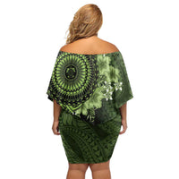 Vanuatu Off Shoulder Short Dress Hibisus Polynesian Pattern Green - Polynesian Pride