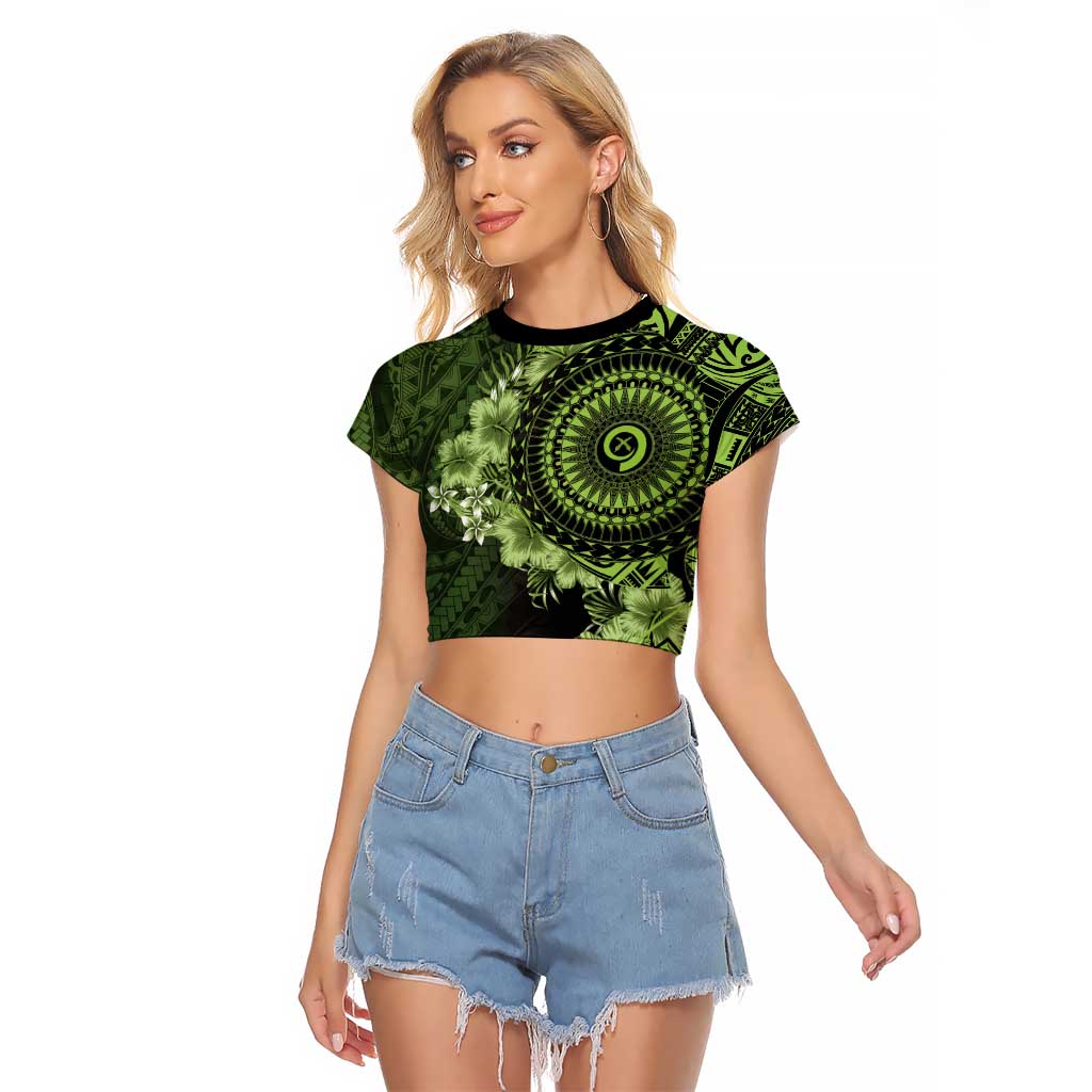 Vanuatu Raglan Cropped T Shirt Hibisus Polynesian Pattern Green - Polynesian Pride