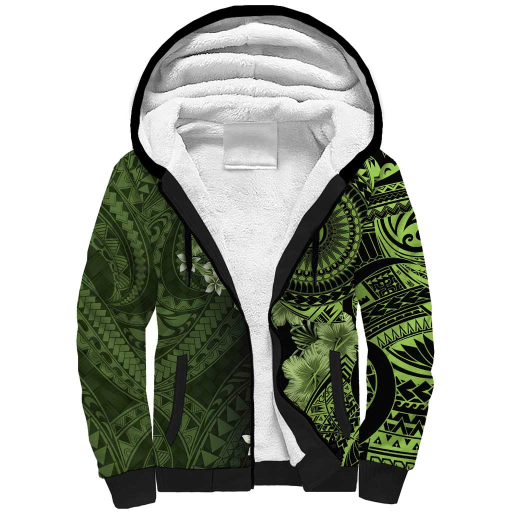 Vanuatu Sherpa Hoodie Hibisus Polynesian Pattern Green - Polynesian Pride