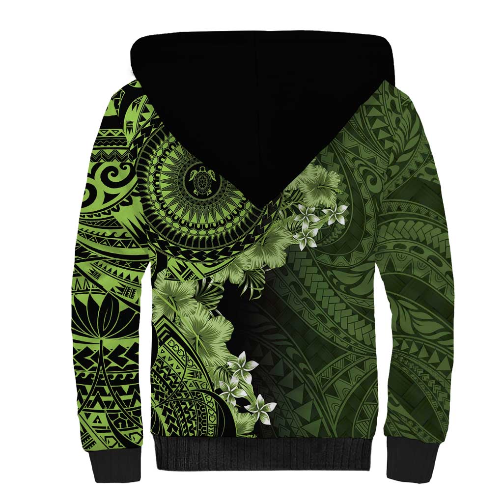 Vanuatu Sherpa Hoodie Hibisus Polynesian Pattern Green - Polynesian Pride