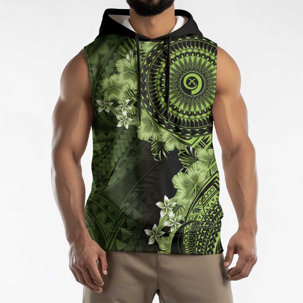 Vanuatu Sleeveless Hoodie Hibisus Polynesian Pattern Green - Polynesian Pride