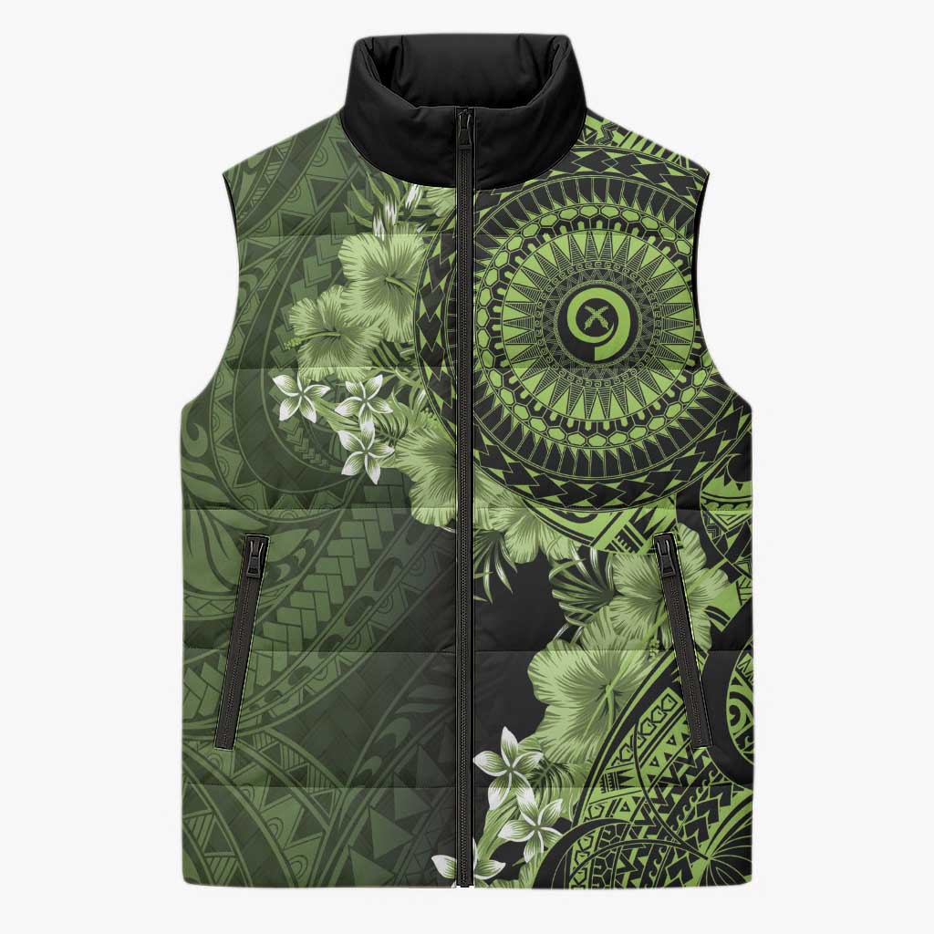 Vanuatu Sleeveless Puffer Jacket Hibisus Polynesian Pattern Green - Polynesian Pride