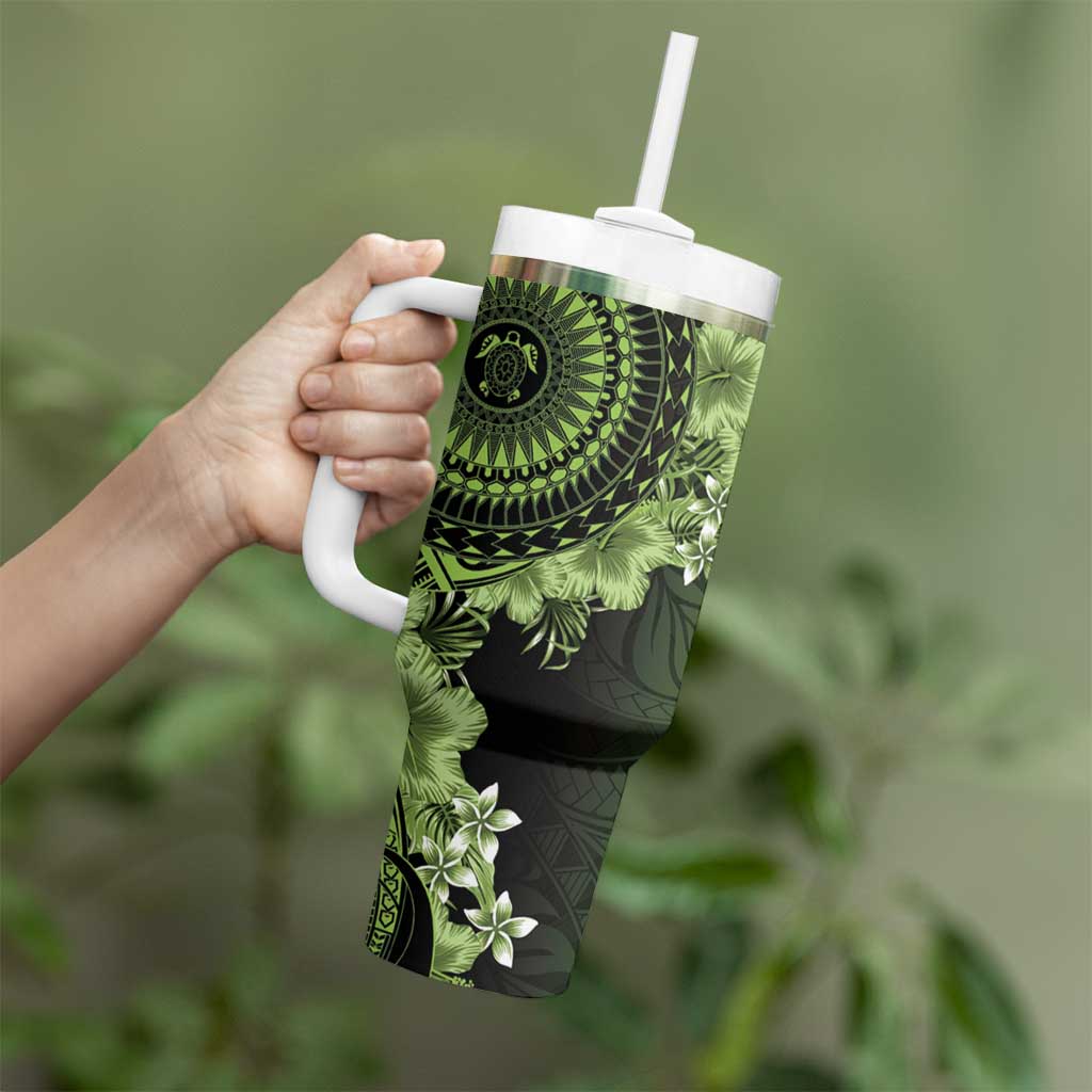 Vanuatu Tumbler With Handle Hibisus Polynesian Pattern Green - Polynesian Pride