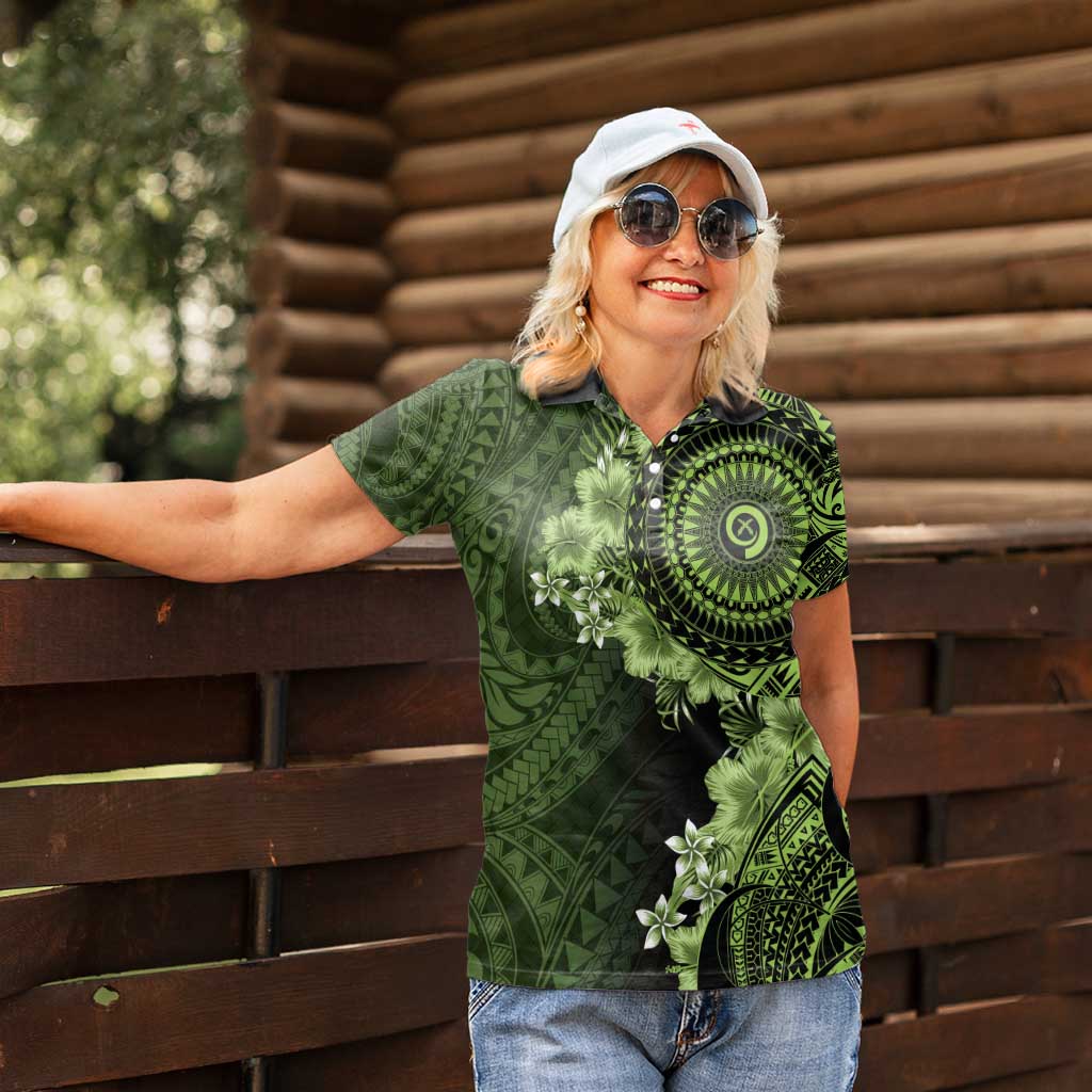 Vanuatu Women Polo Shirt Hibisus Polynesian Pattern Green - Polynesian Pride