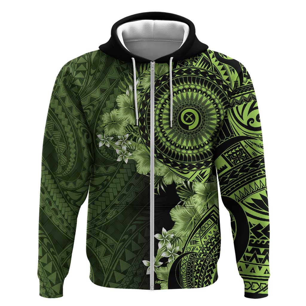 Vanuatu Zip Hoodie Hibisus Polynesian Pattern Green - Polynesian Pride