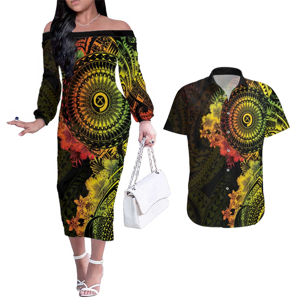 Vanuatu Couples Matching Off The Shoulder Long Sleeve Dress and Hawaiian Shirt Hibisus Polynesian Pattern Reggae - Polynesian Pride