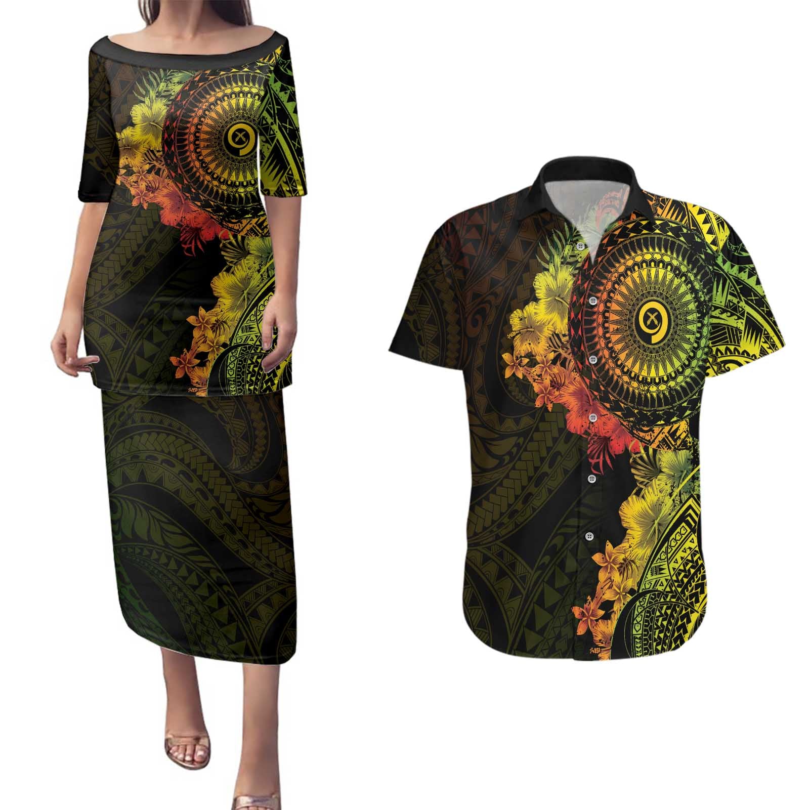 Vanuatu Couples Matching Puletasi and Hawaiian Shirt Hibisus Polynesian Pattern Reggae - Polynesian Pride