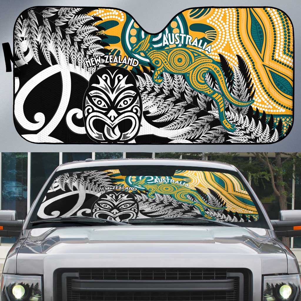 New Zealand Australia Rugby Auto Sun Shade Wallabies Aboriginal All Black Maori Tiki Together - Polynesian Pride