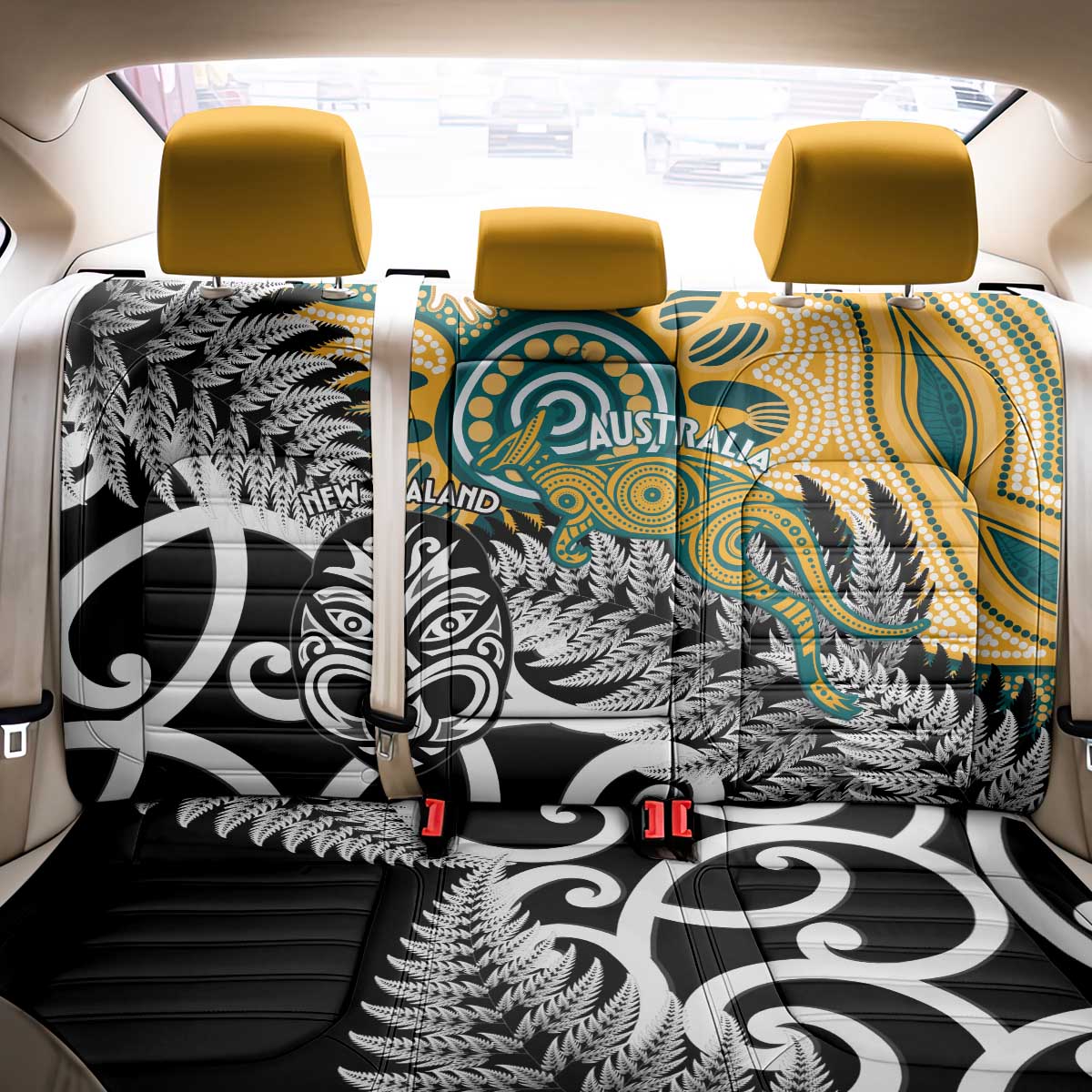 New Zealand Australia Rugby Back Car Seat Cover Wallabies Aboriginal All Black Maori Tiki Together - Polynesian Pride