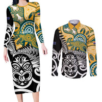 New Zealand Australia Rugby Custom Couples Matching Long Sleeve Bodycon Dress and Long Sleeve Button Shirt Wallabies Aboriginal All Black Maori Tiki Together - Polynesian Pride