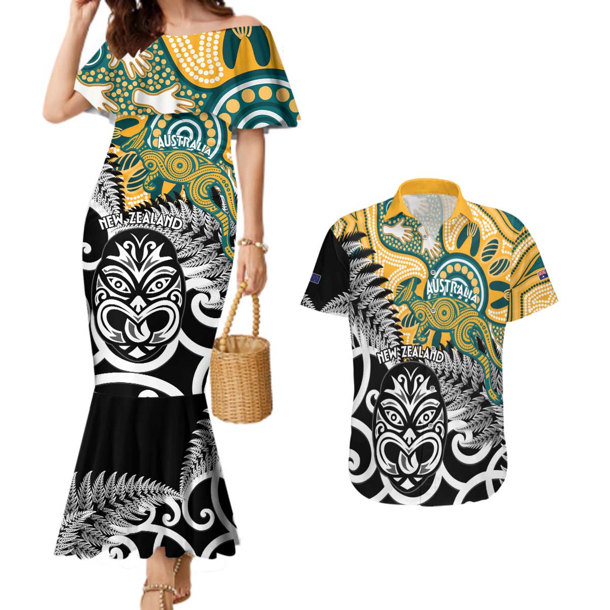New Zealand Australia Rugby Custom Couples Matching Mermaid Dress and Hawaiian Shirt Wallabies Aboriginal All Black Maori Tiki Together - Polynesian Pride