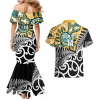 New Zealand Australia Rugby Custom Couples Matching Mermaid Dress and Hawaiian Shirt Wallabies Aboriginal All Black Maori Tiki Together - Polynesian Pride