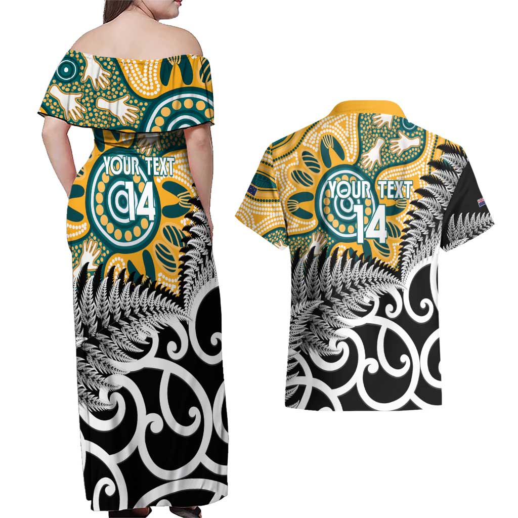 New Zealand Australia Rugby Custom Couples Matching Off Shoulder Maxi Dress and Hawaiian Shirt Wallabies Aboriginal All Black Maori Tiki Together - Polynesian Pride