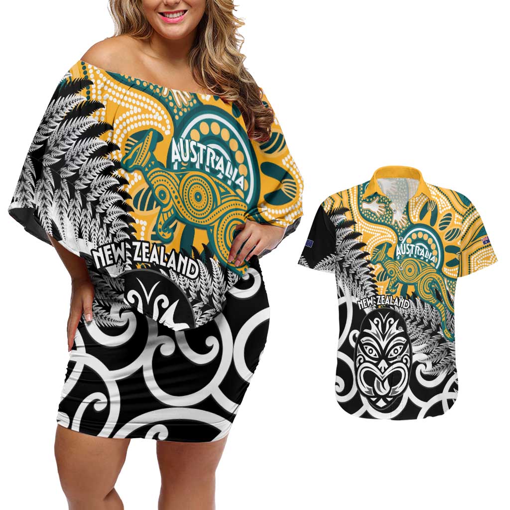New Zealand Australia Rugby Custom Couples Matching Off Shoulder Short Dress and Hawaiian Shirt Wallabies Aboriginal All Black Maori Tiki Together - Polynesian Pride