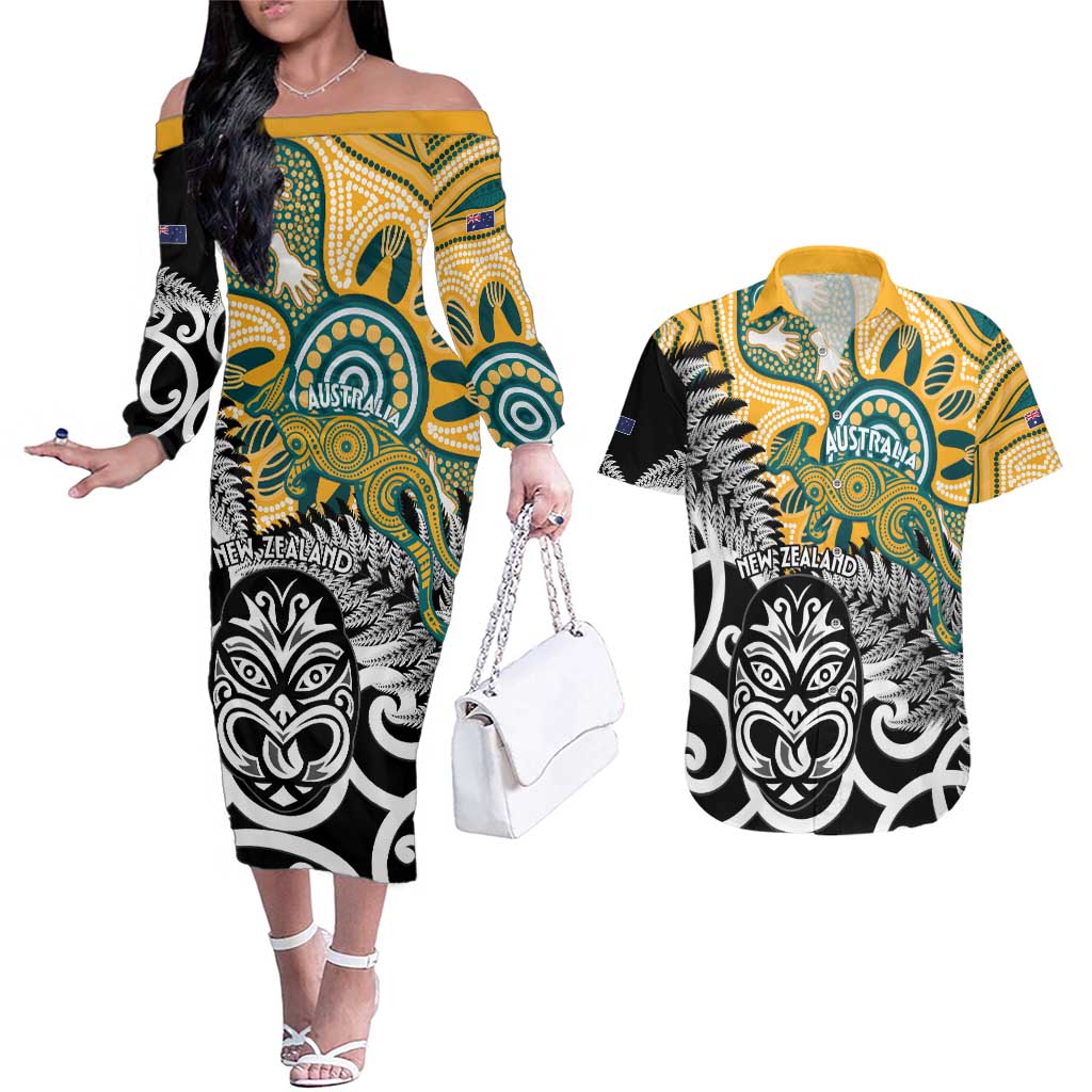 New Zealand Australia Rugby Custom Couples Matching Off The Shoulder Long Sleeve Dress and Hawaiian Shirt Wallabies Aboriginal All Black Maori Tiki Together - Polynesian Pride