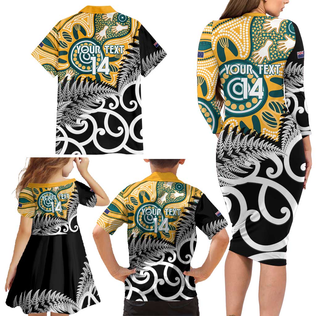 New Zealand Australia Rugby Custom Family Matching Long Sleeve Bodycon Dress and Hawaiian Shirt Wallabies Aboriginal All Black Maori Tiki Together - Polynesian Pride