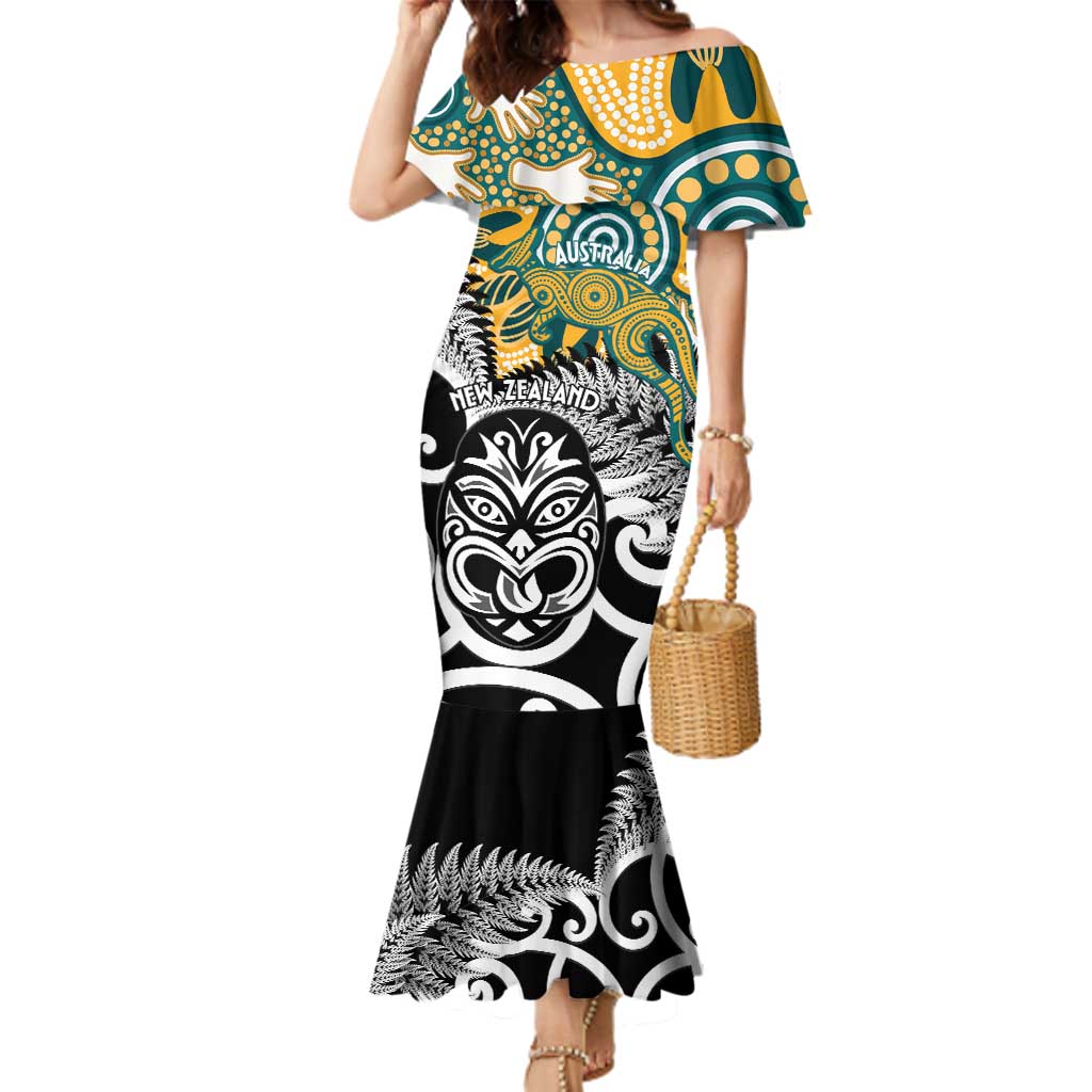 New Zealand Australia Rugby Custom Family Matching Mermaid Dress and Hawaiian Shirt Wallabies Aboriginal All Black Maori Tiki Together - Polynesian Pride