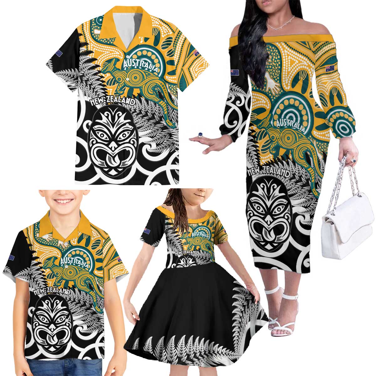 New Zealand Australia Rugby Custom Family Matching Off The Shoulder Long Sleeve Dress and Hawaiian Shirt Wallabies Aboriginal All Black Maori Tiki Together - Polynesian Pride