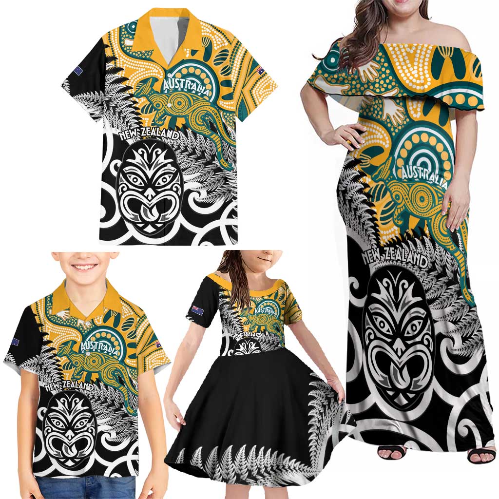 New Zealand Australia Rugby Custom Family Matching Off Shoulder Maxi Dress and Hawaiian Shirt Wallabies Aboriginal All Black Maori Tiki Together - Polynesian Pride