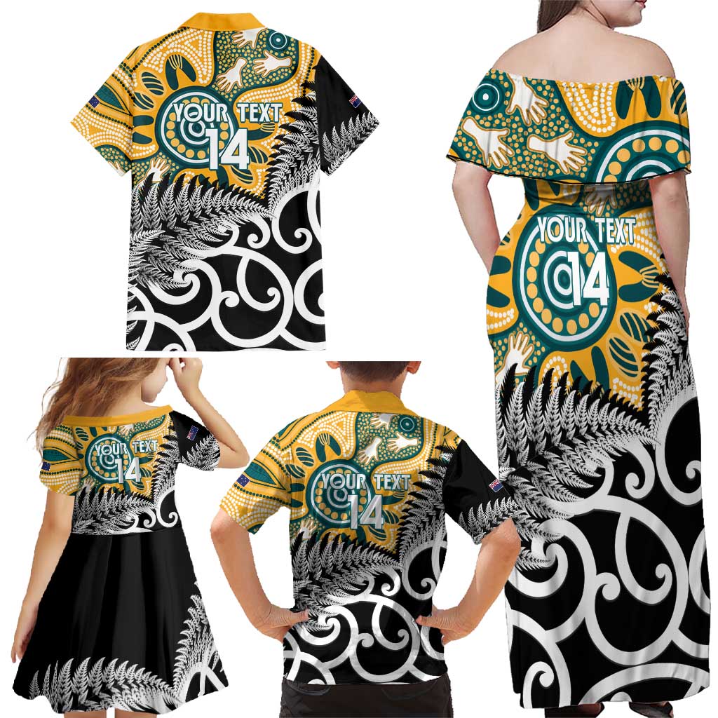 New Zealand Australia Rugby Custom Family Matching Off Shoulder Maxi Dress and Hawaiian Shirt Wallabies Aboriginal All Black Maori Tiki Together - Polynesian Pride