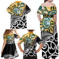 New Zealand Australia Rugby Custom Family Matching Off Shoulder Maxi Dress and Hawaiian Shirt Wallabies Aboriginal All Black Maori Tiki Together - Polynesian Pride
