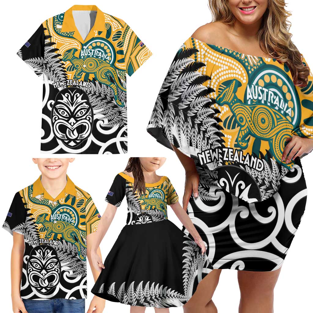 New Zealand Australia Rugby Custom Family Matching Off Shoulder Short Dress and Hawaiian Shirt Wallabies Aboriginal All Black Maori Tiki Together - Polynesian Pride