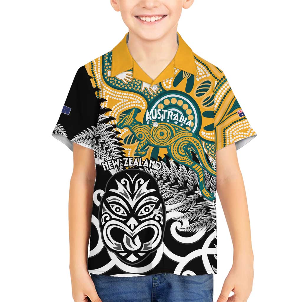 New Zealand Australia Rugby Custom Family Matching Off Shoulder Short Dress and Hawaiian Shirt Wallabies Aboriginal All Black Maori Tiki Together - Polynesian Pride