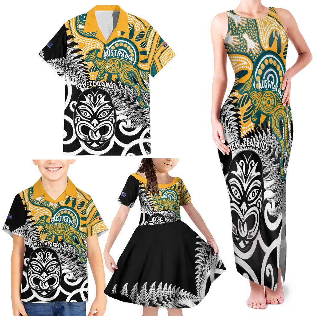 New Zealand Australia Rugby Custom Family Matching Tank Maxi Dress and Hawaiian Shirt Wallabies Aboriginal All Black Maori Tiki Together - Polynesian Pride