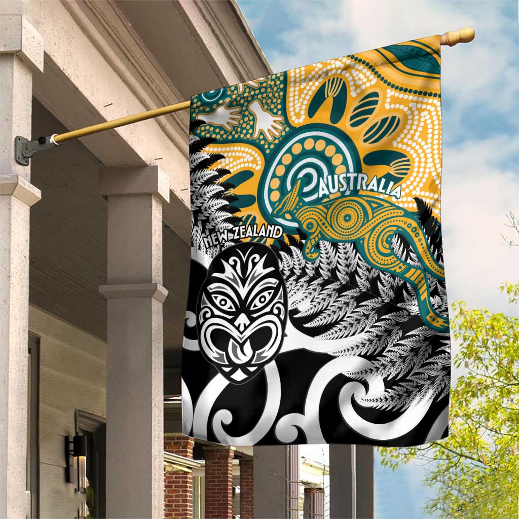 New Zealand Australia Rugby Garden Flag Wallabies Aboriginal All Black Maori Tiki Together - Polynesian Pride