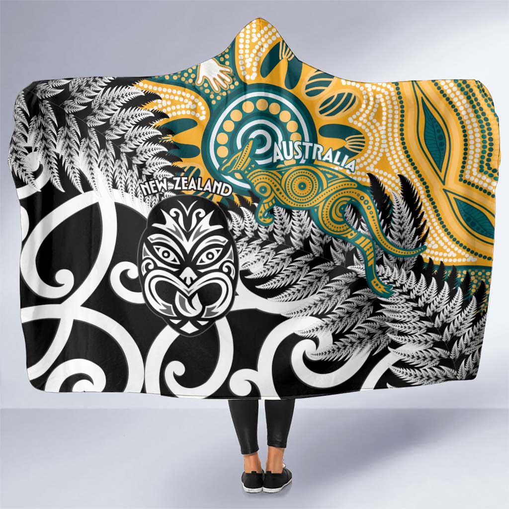 New Zealand Australia Rugby Hooded Blanket Wallabies Aboriginal All Black Maori Tiki Together - Polynesian Pride