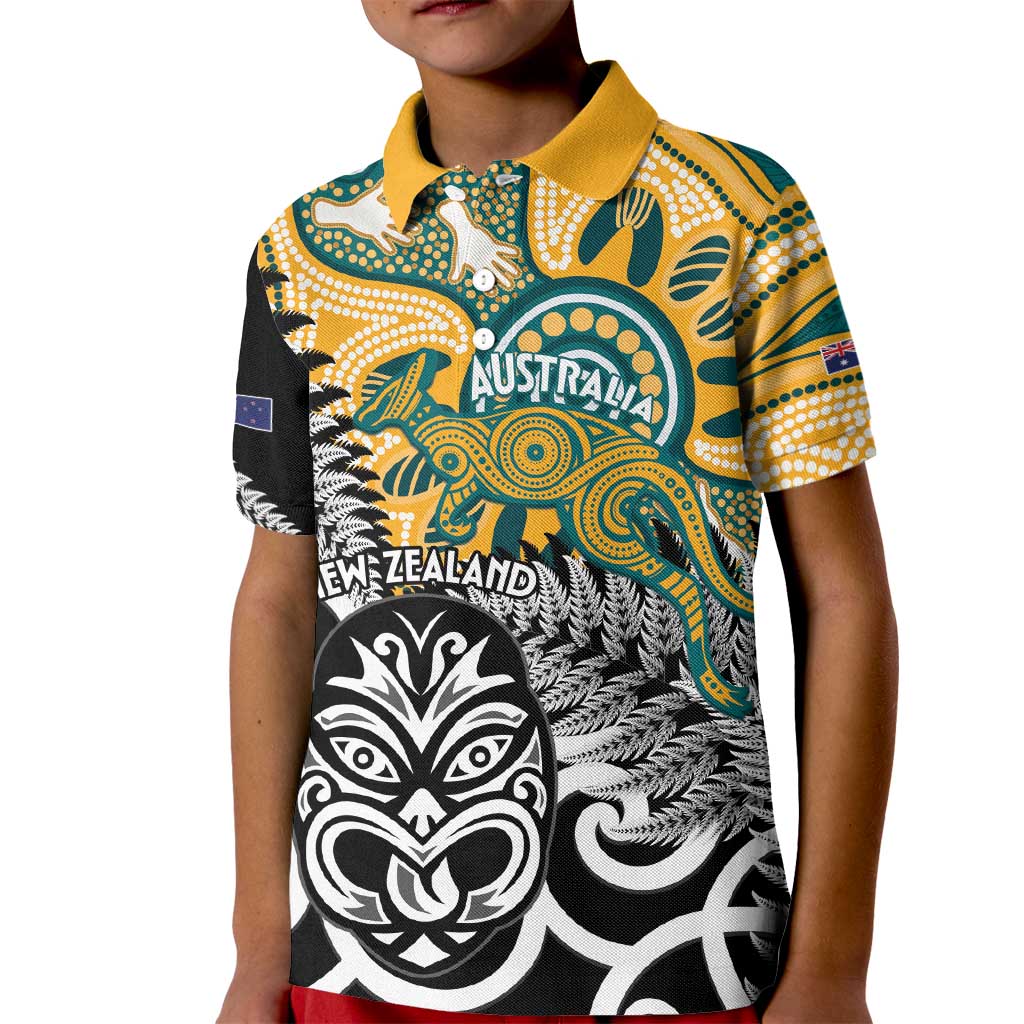 New Zealand Australia Rugby Custom Kid Polo Shirt Wallabies Aboriginal All Black Maori Tiki Together - Polynesian Pride