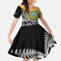 New Zealand Australia Rugby Custom Kid Short Sleeve Dress Wallabies Aboriginal All Black Maori Tiki Together - Polynesian Pride