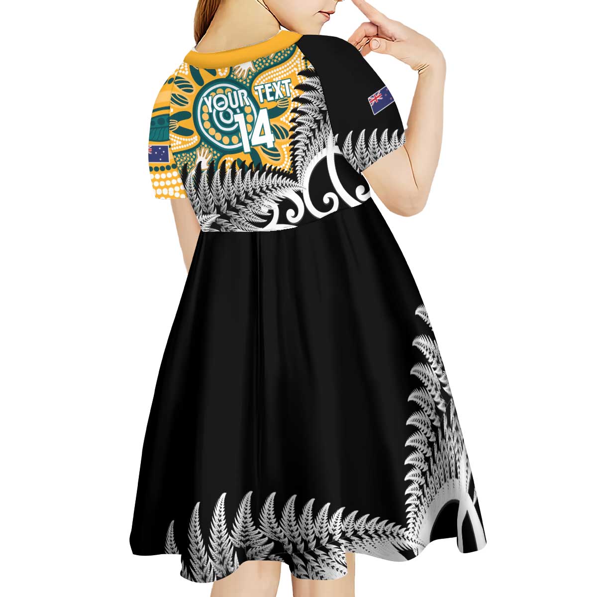 New Zealand Australia Rugby Custom Kid Short Sleeve Dress Wallabies Aboriginal All Black Maori Tiki Together - Polynesian Pride
