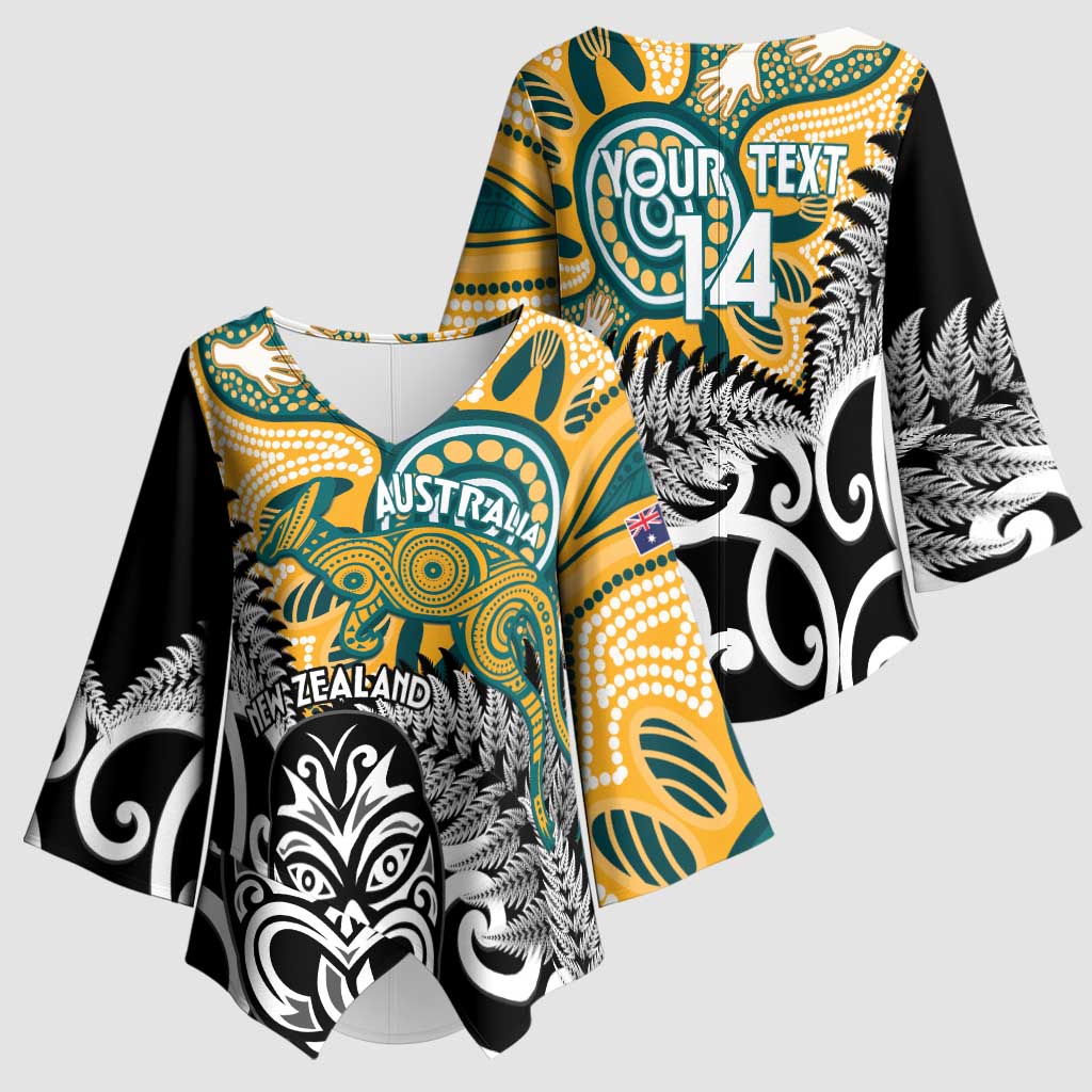 New Zealand Australia Rugby Custom Kimono Sleeve Blouse Wallabies Aboriginal All Black Maori Tiki Together - Polynesian Pride