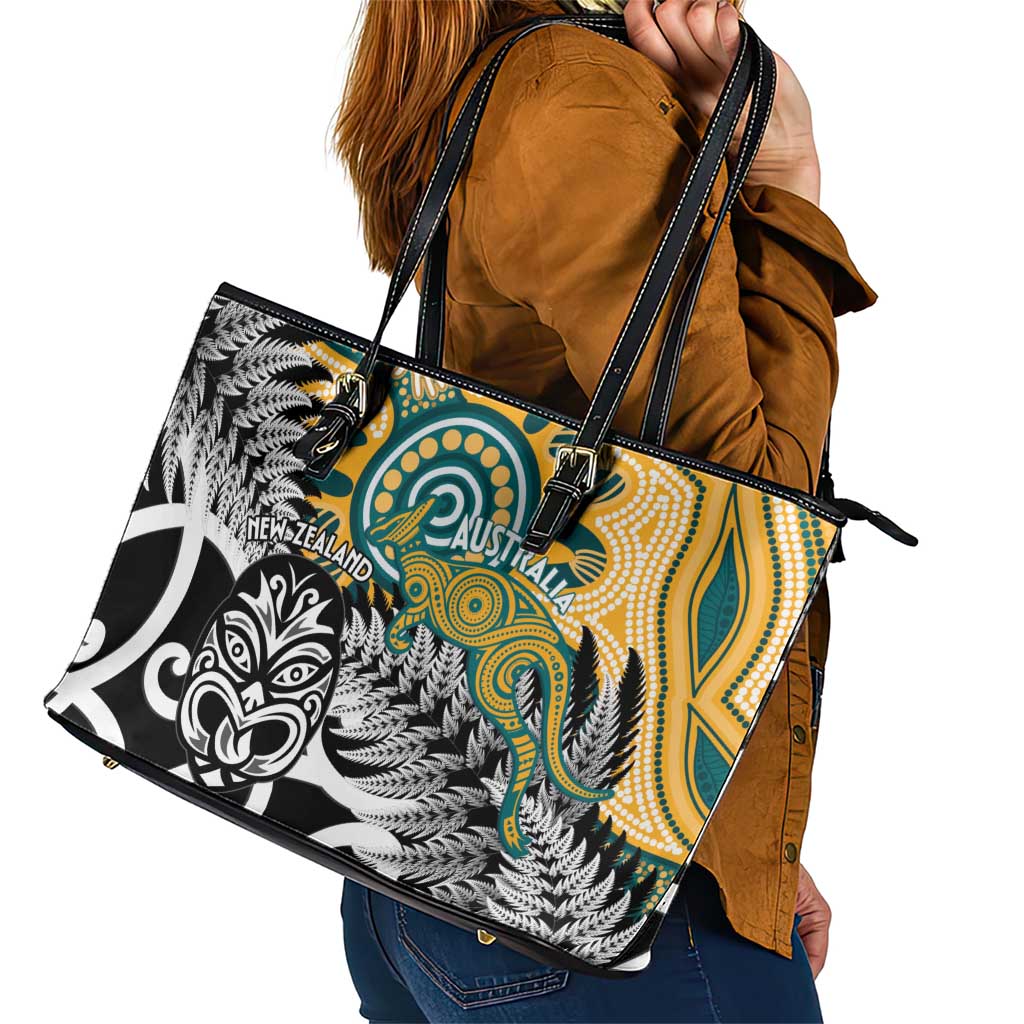 New Zealand Australia Rugby Leather Tote Bag Wallabies Aboriginal All Black Maori Tiki Together - Polynesian Pride