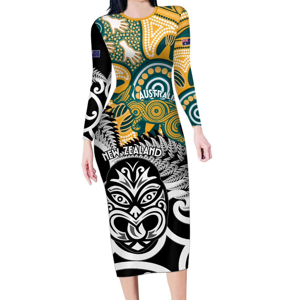 New Zealand Australia Rugby Custom Long Sleeve Bodycon Dress Wallabies Aboriginal All Black Maori Tiki Together - Polynesian Pride