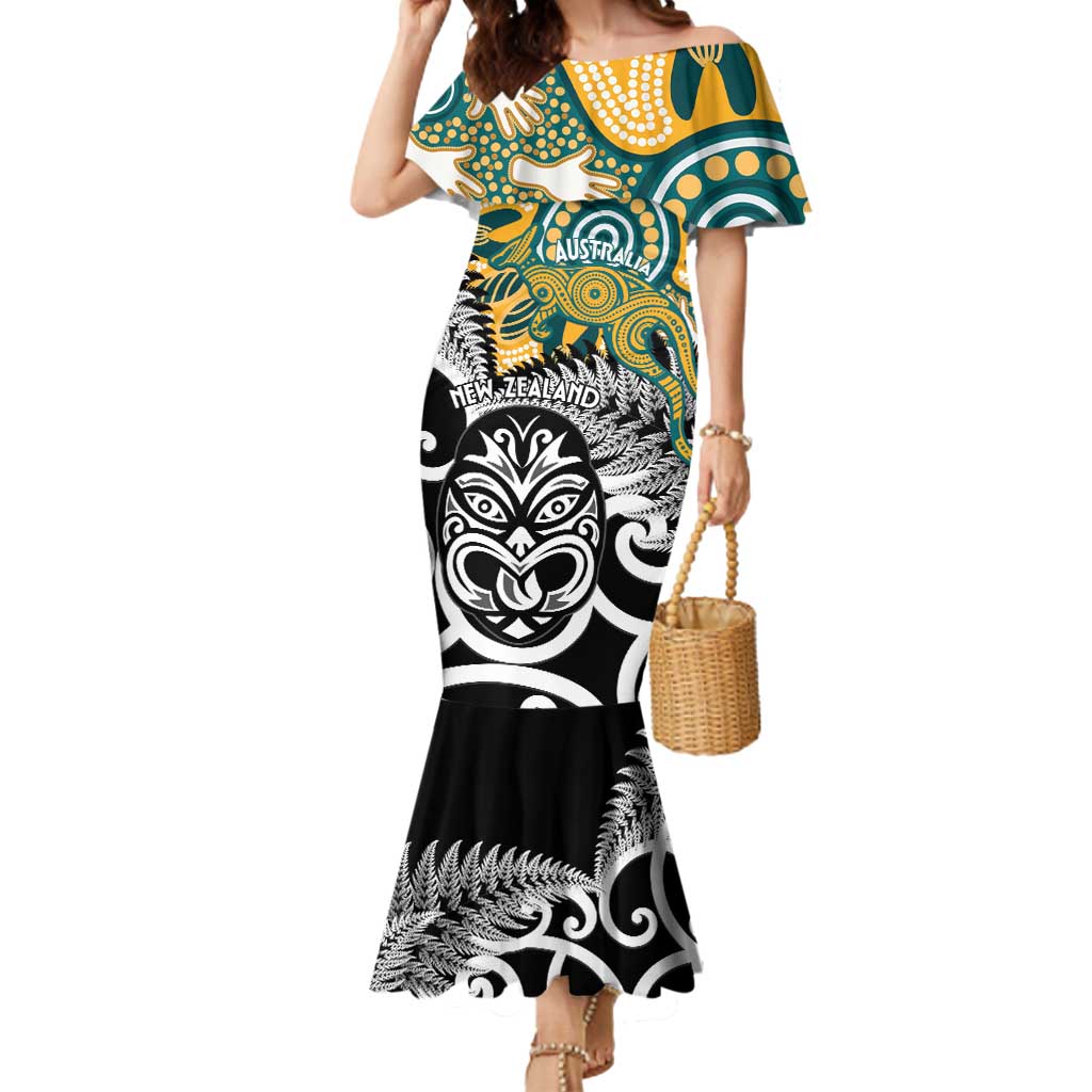 New Zealand Australia Rugby Custom Mermaid Dress Wallabies Aboriginal All Black Maori Tiki Together - Polynesian Pride