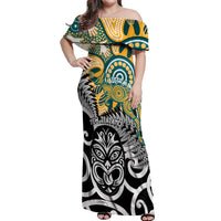 New Zealand Australia Rugby Custom Off Shoulder Maxi Dress Wallabies Aboriginal All Black Maori Tiki Together - Polynesian Pride