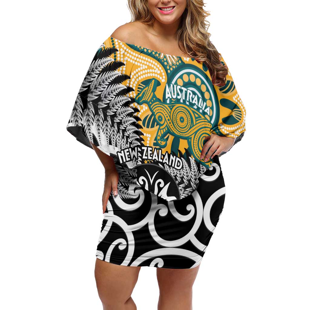 New Zealand Australia Rugby Custom Off Shoulder Short Dress Wallabies Aboriginal All Black Maori Tiki Together - Polynesian Pride