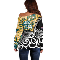 New Zealand Australia Rugby Custom Off Shoulder Sweater Wallabies Aboriginal All Black Maori Tiki Together - Polynesian Pride