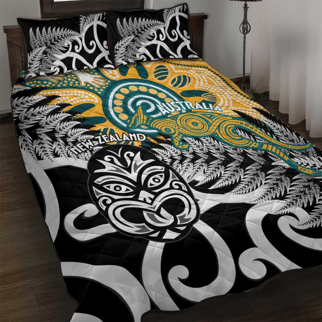 New Zealand Australia Rugby Quilt Bed Set Wallabies Aboriginal All Black Maori Tiki Together - Polynesian Pride