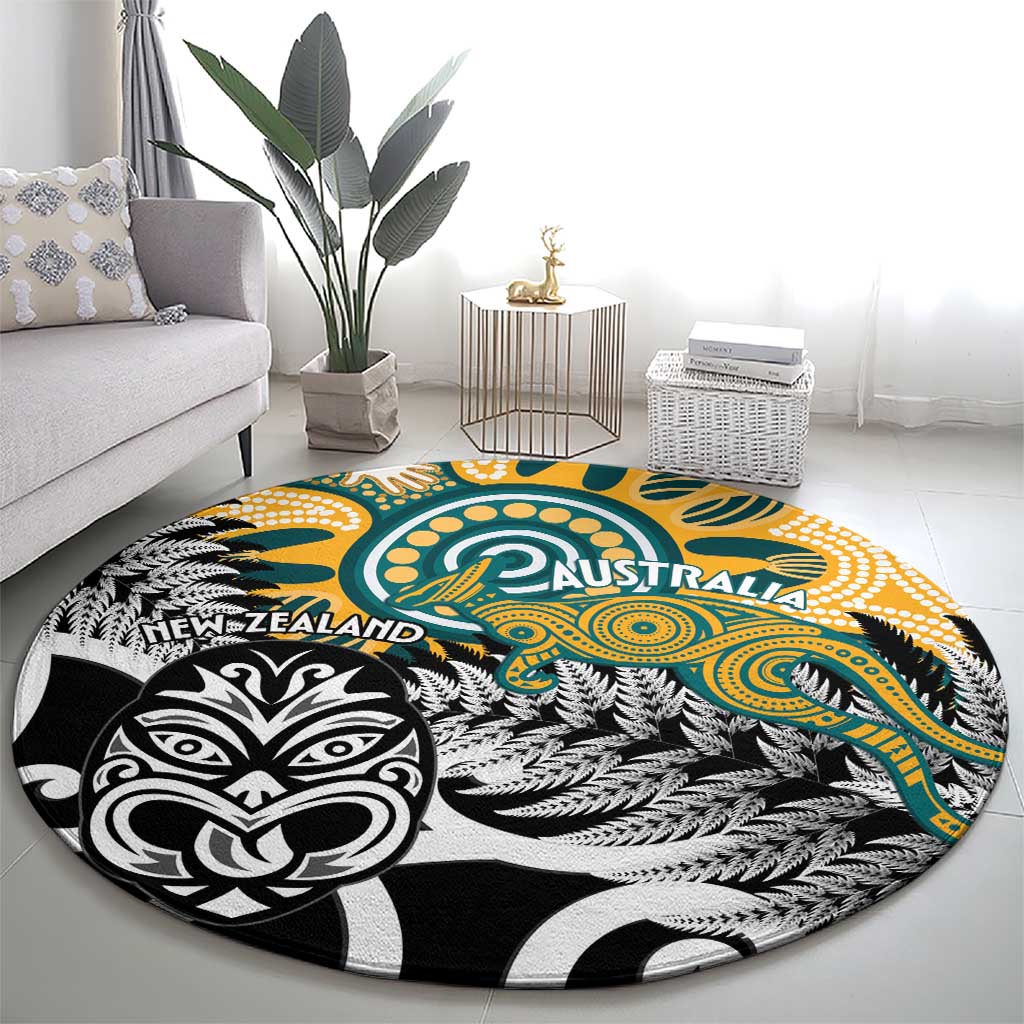 New Zealand Australia Rugby Round Carpet Wallabies Aboriginal All Black Maori Tiki Together - Polynesian Pride