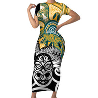 New Zealand Australia Rugby Custom Short Sleeve Bodycon Dress Wallabies Aboriginal All Black Maori Tiki Together - Polynesian Pride