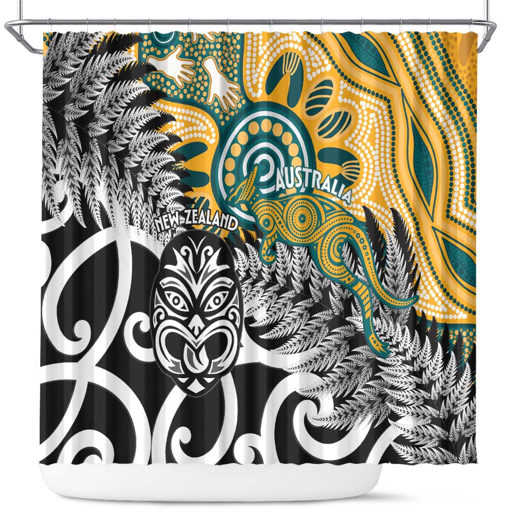 New Zealand Australia Rugby Shower Curtain Wallabies Aboriginal All Black Maori Tiki Together - Polynesian Pride