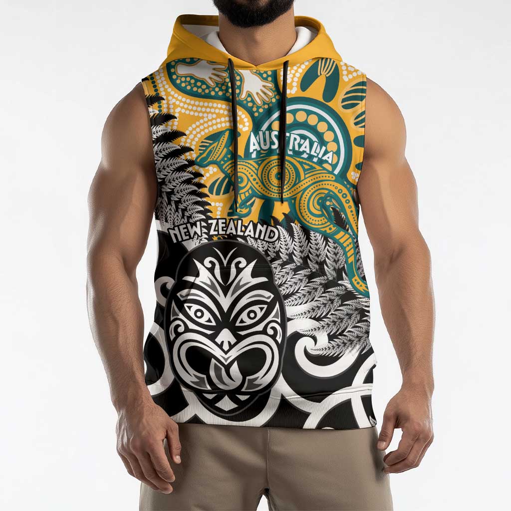 New Zealand Australia Rugby Custom Sleeveless Hoodie Wallabies Aboriginal All Black Maori Tiki Together - Polynesian Pride